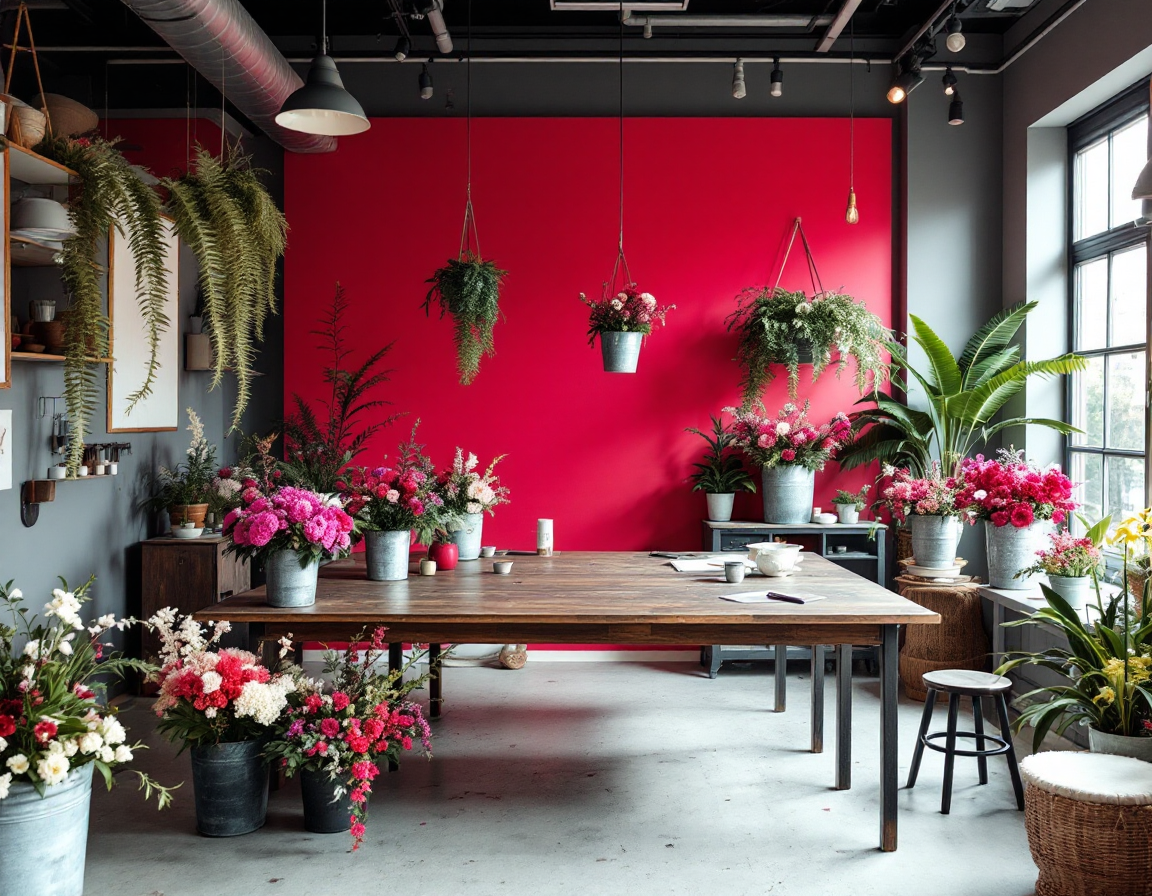 Inside the Marguerite & Fern studio with buckets of seasonal flowers and a long worktable