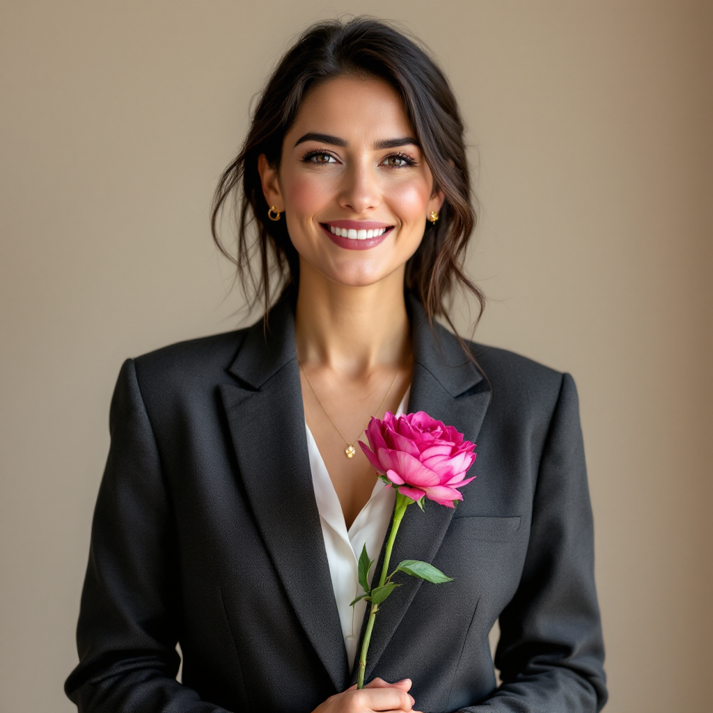 Portrait of the founder and lead designer holding a magenta ranunculus