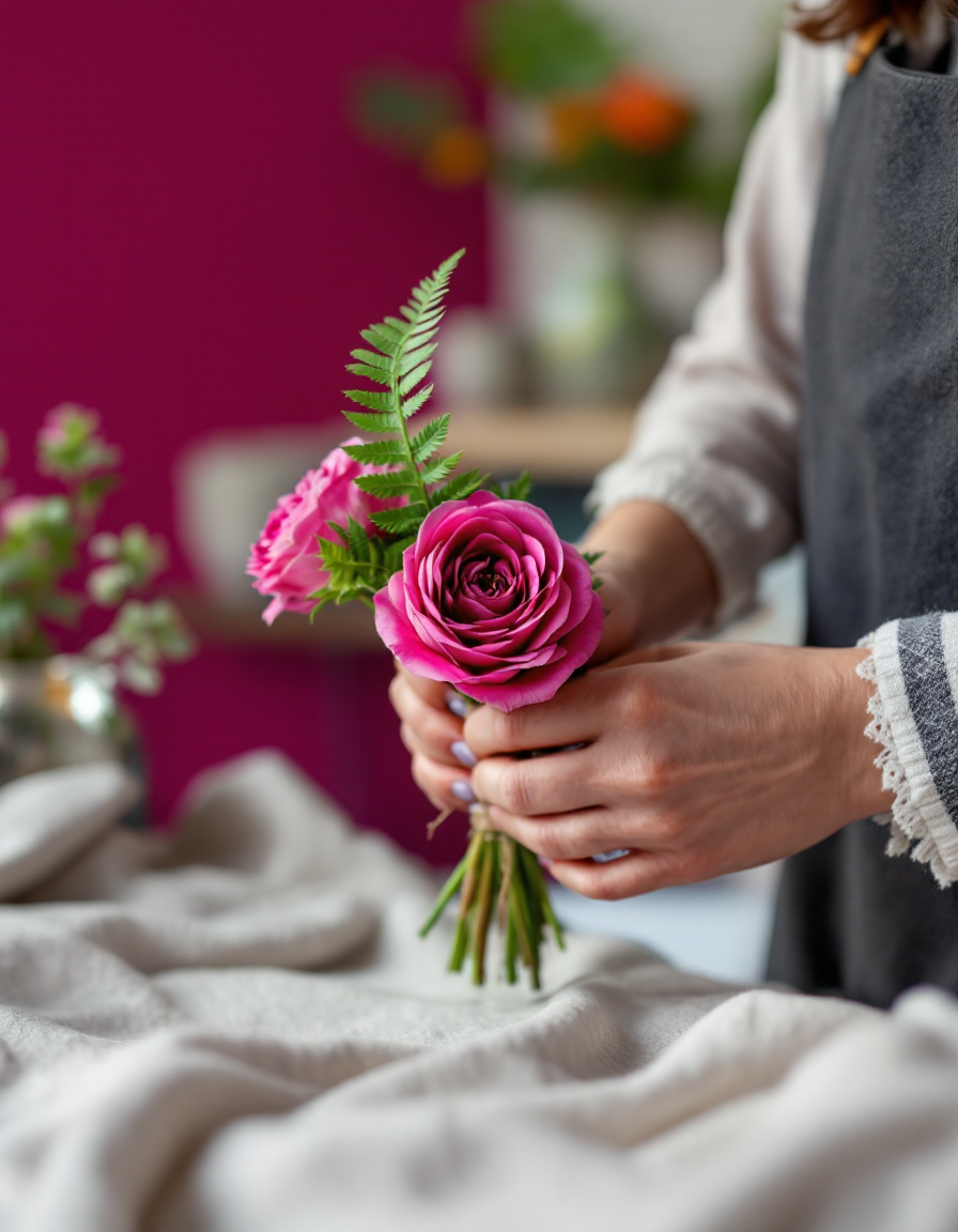 Close-up of hands wrapping a hand-tied bouquet with twine, a magenta bloom in focus