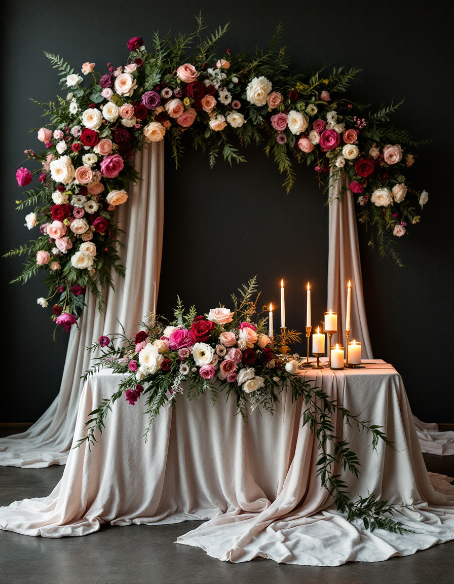 Asymmetric wedding floral installation of magenta and ivory blooms against a dark wall in candlelight
